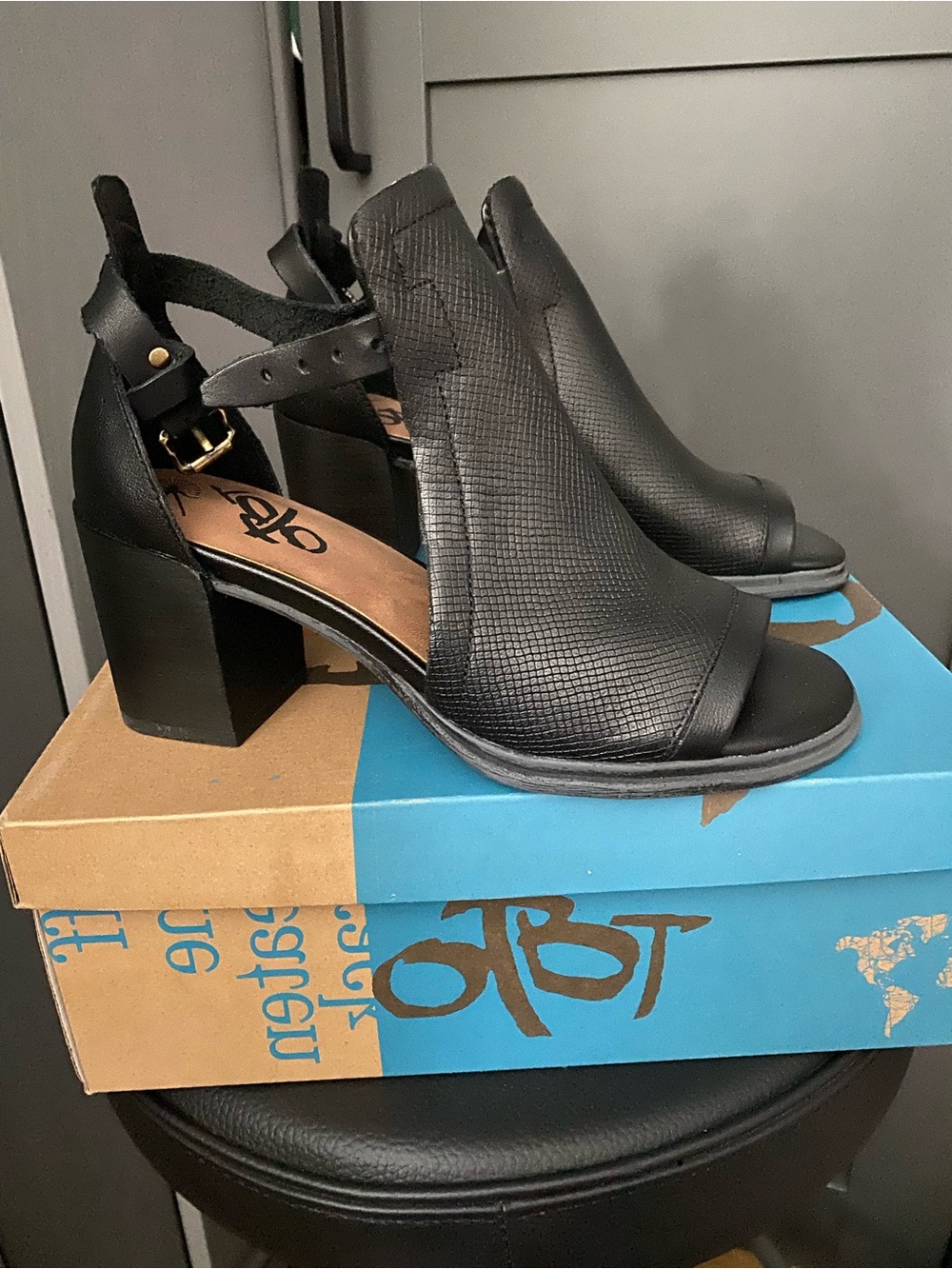 OTBT Black Textured Open-Toe Block Heel Sandals with Ankle Strap
